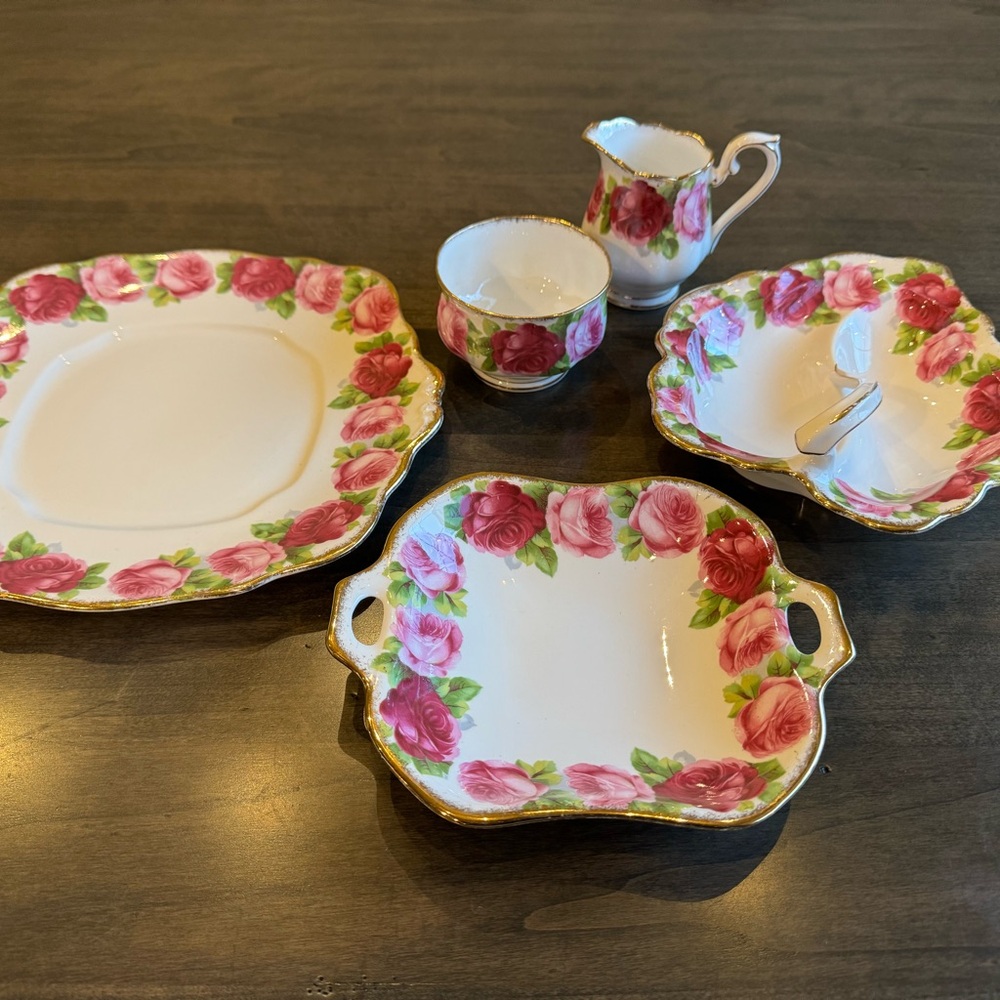 Royal Albert Old English Rose 3 plates•creamer•sugar bowl•